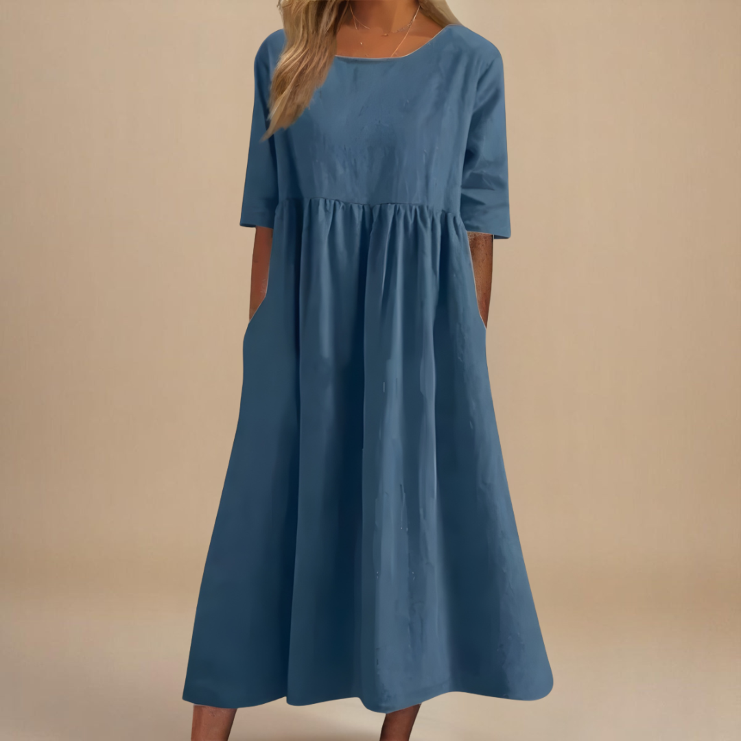 Ruched Midi Dress with Round Neck and Three-Quarter Sleeves