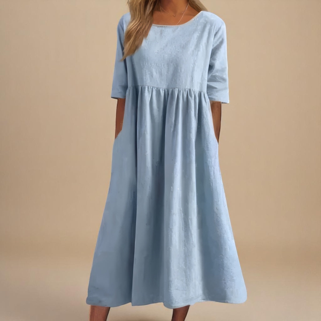 Ruched Midi Dress with Round Neck and Three-Quarter Sleeves