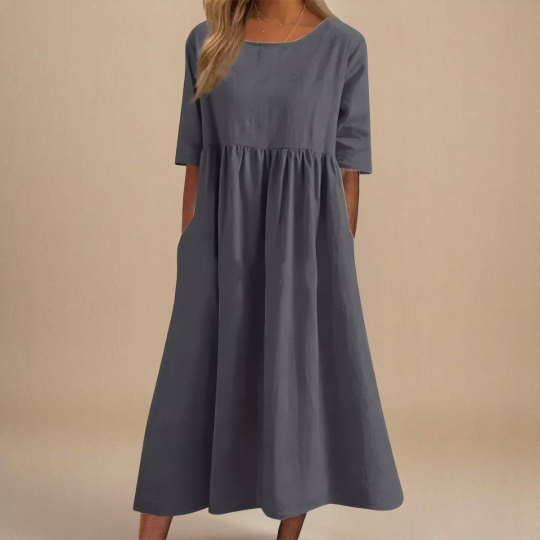 Ruched Midi Dress with Round Neck and Three-Quarter Sleeves