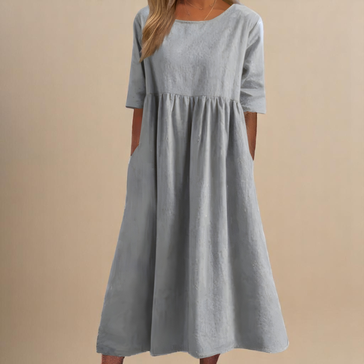 Ruched Midi Dress with Round Neck and Three-Quarter Sleeves