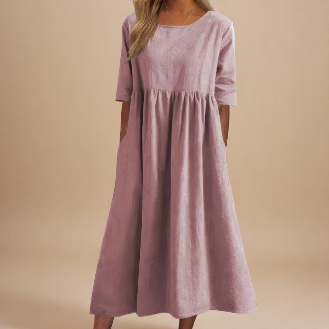 Ruched Midi Dress with Round Neck and Three-Quarter Sleeves