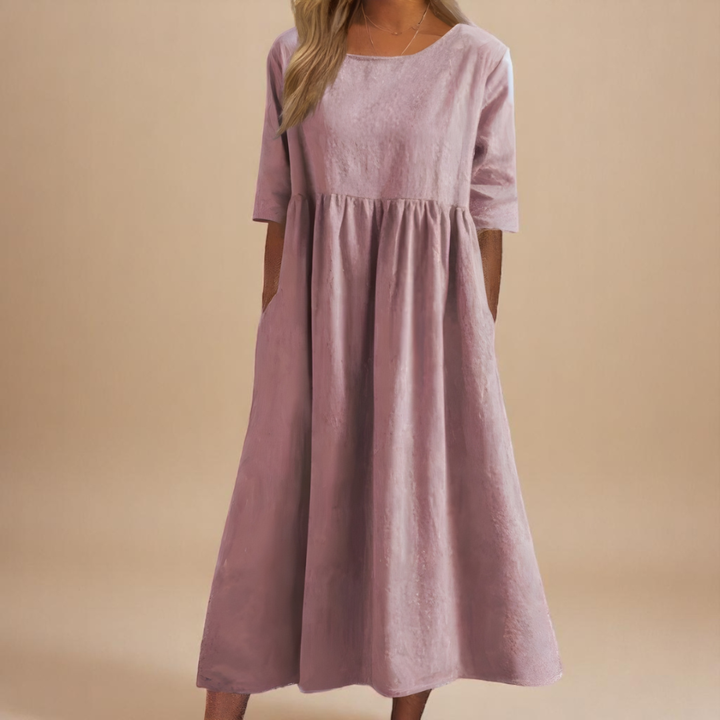 Ruched Midi Dress with Round Neck and Three-Quarter Sleeves