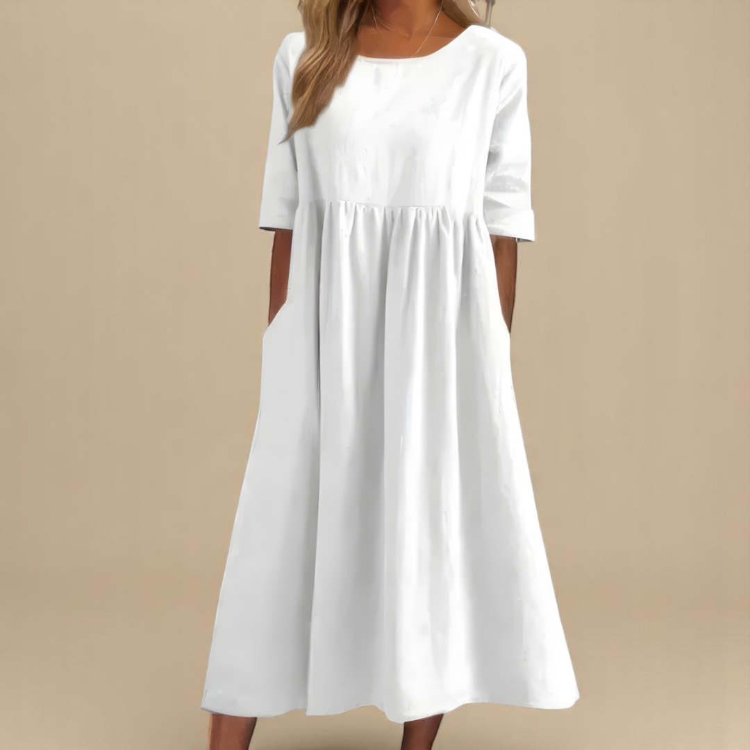 Ruched Midi Dress with Round Neck and Three-Quarter Sleeves