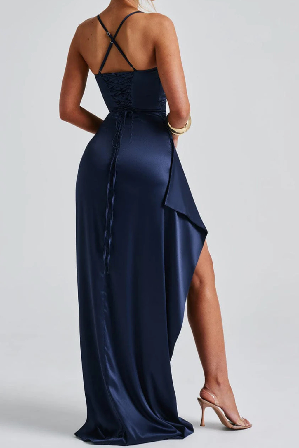 Ruched Slit Maxi Wedding Guest Dress with Spaghetti Straps