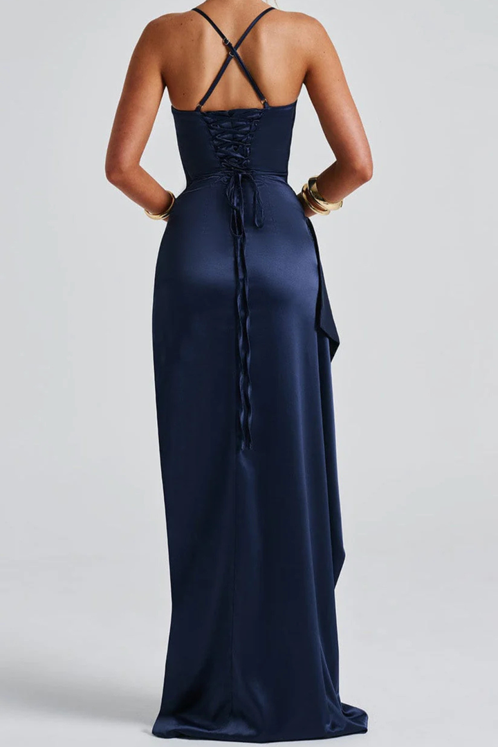 Ruched Slit Maxi Wedding Guest Dress with Spaghetti Straps