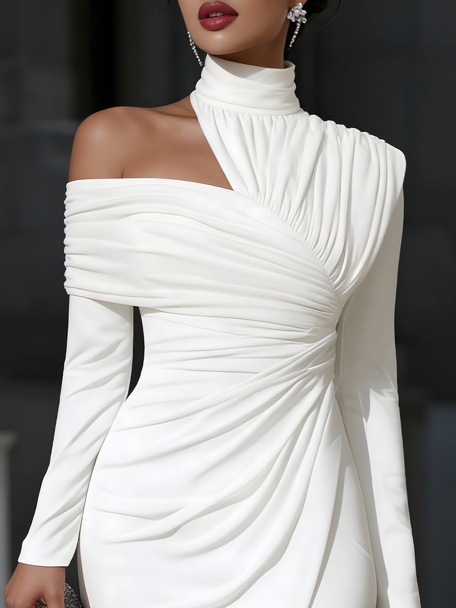 Ruched Wedding Guest Dress with One-Shoulder and Long Sleeves