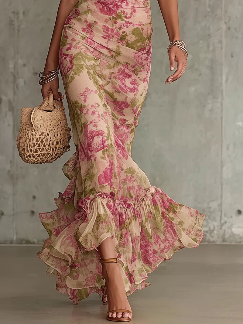 Ruffle Maxi Dress with High Neckline and Spaghetti Straps