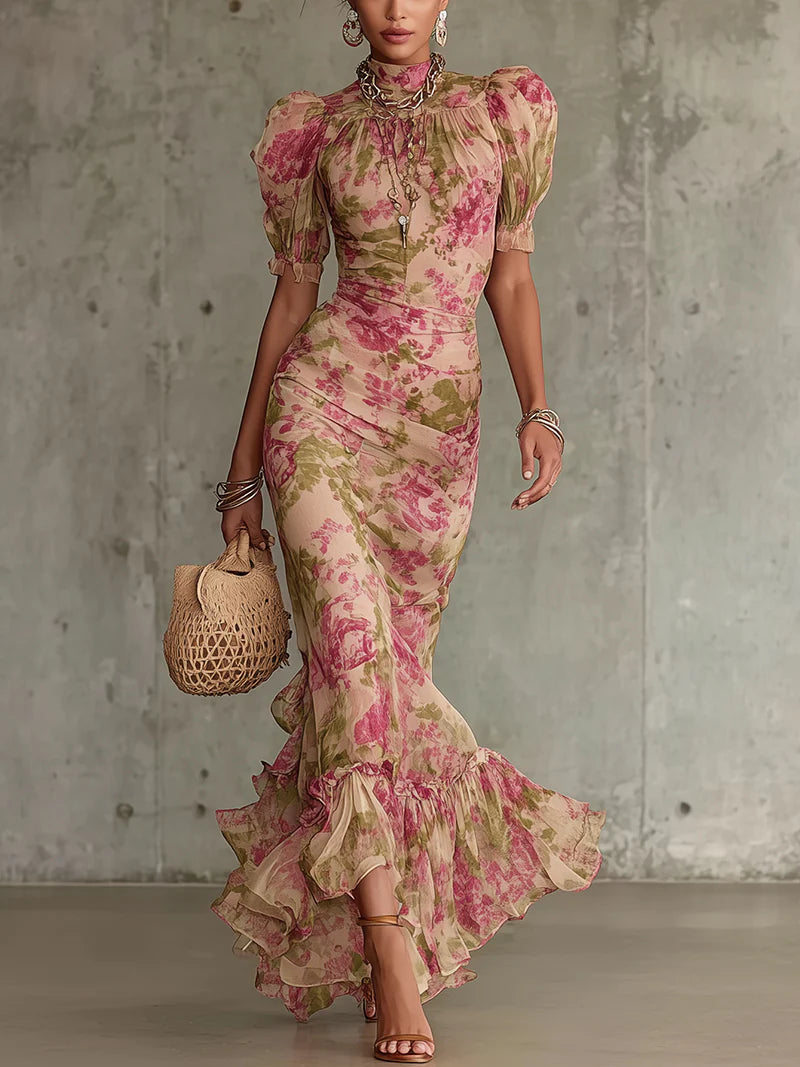 Ruffle Maxi Dress with High Neckline and Spaghetti Straps