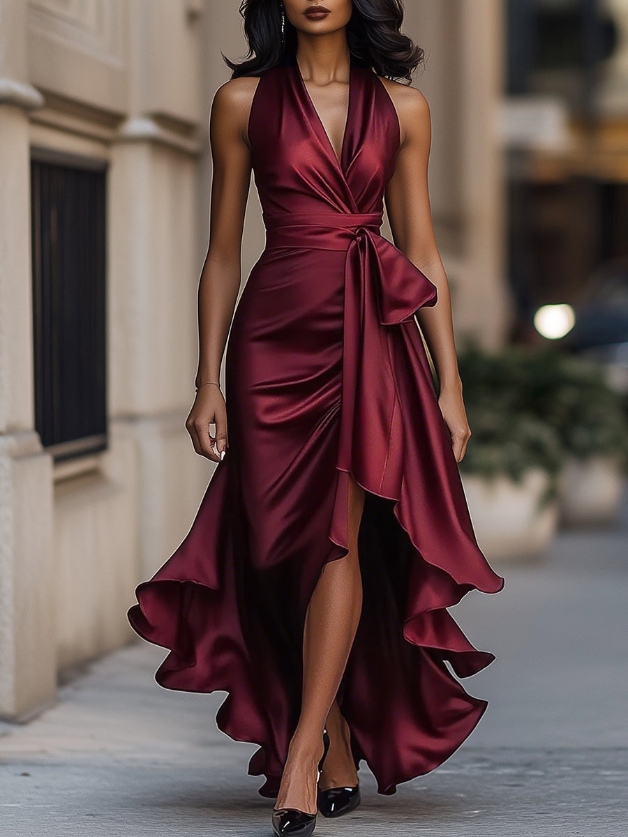 Ruffle Belted Slit Wedding Guest Dress with Halter Neckline