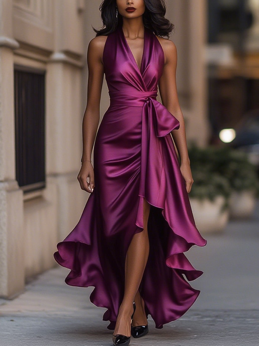 Ruffle Belted Slit Wedding Guest Dress with Halter Neckline
