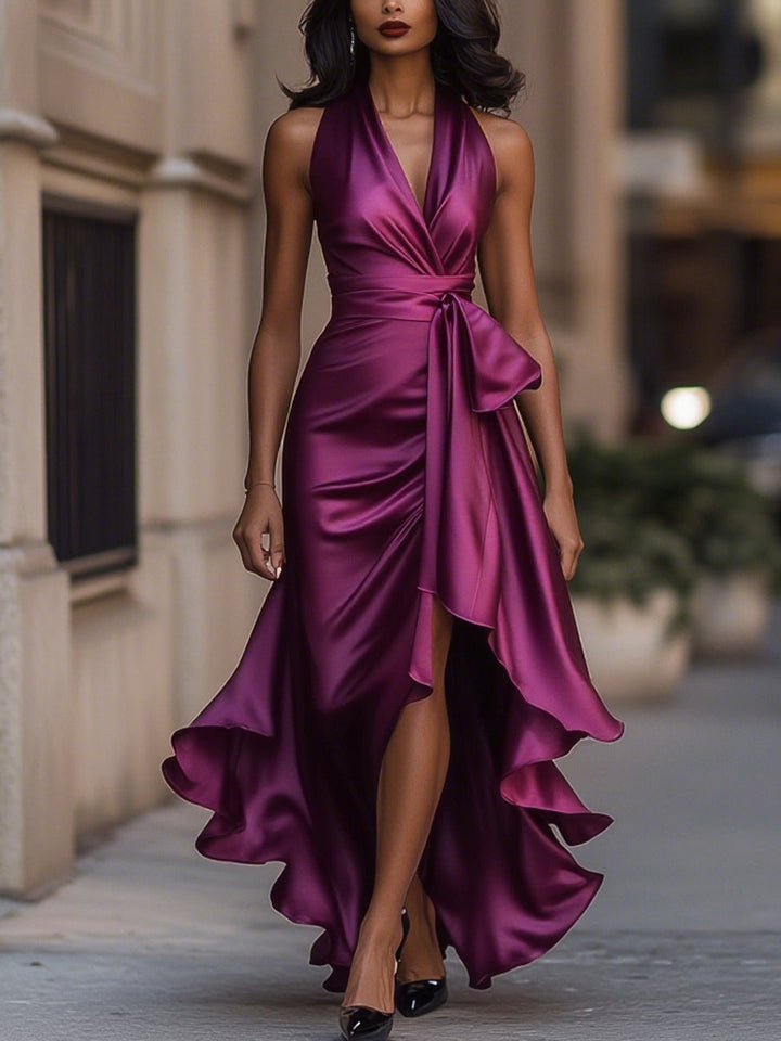 Ruffle Belted Slit Wedding Guest Dress with Halter Neckline