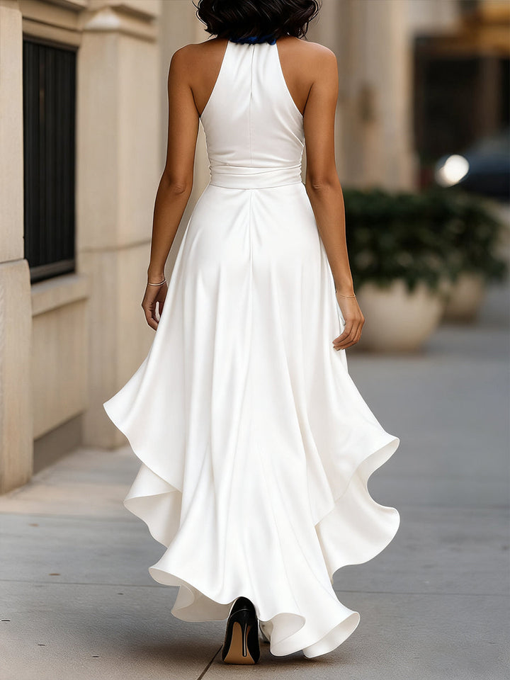 Ruffle Belted Slit Wedding Guest Dress with Halter Neckline
