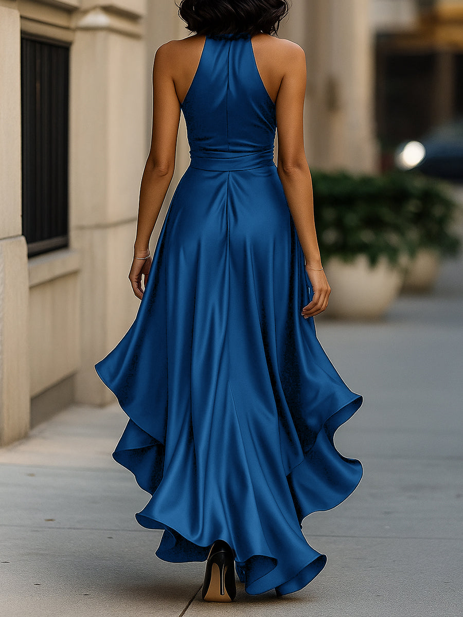 Ruffle Belted Slit Wedding Guest Dress with Halter Neckline