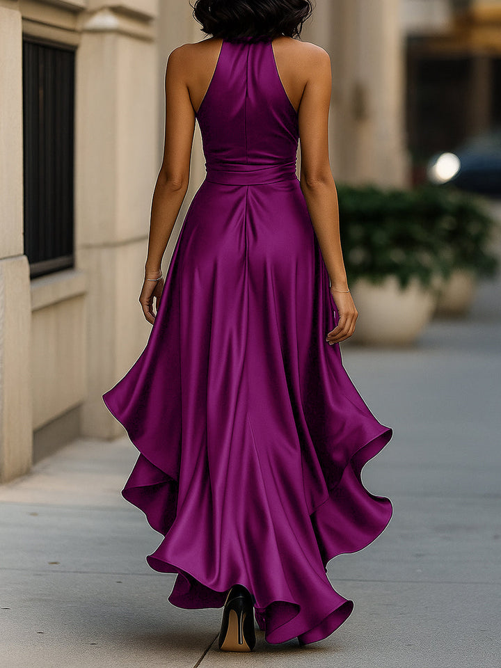 Ruffle Belted Slit Wedding Guest Dress with Halter Neckline