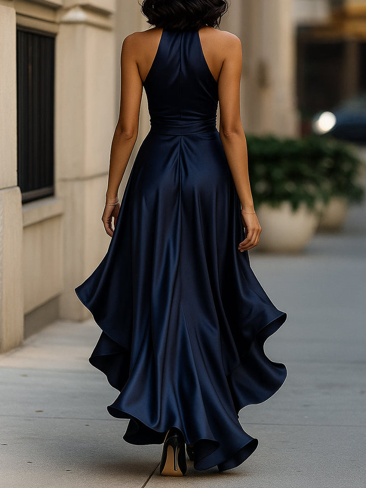 Ruffle Belted Slit Wedding Guest Dress with Halter Neckline