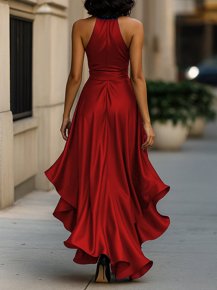Ruffle Belted Slit Wedding Guest Dress with Halter Neckline