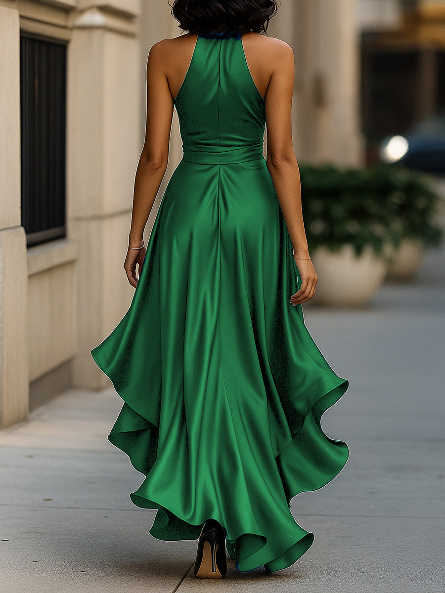 Ruffle Belted Slit Wedding Guest Dress with Halter Neckline