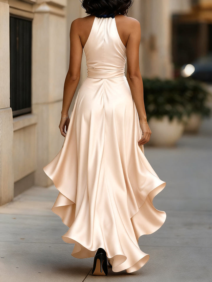 Ruffle Belted Slit Wedding Guest Dress with Halter Neckline