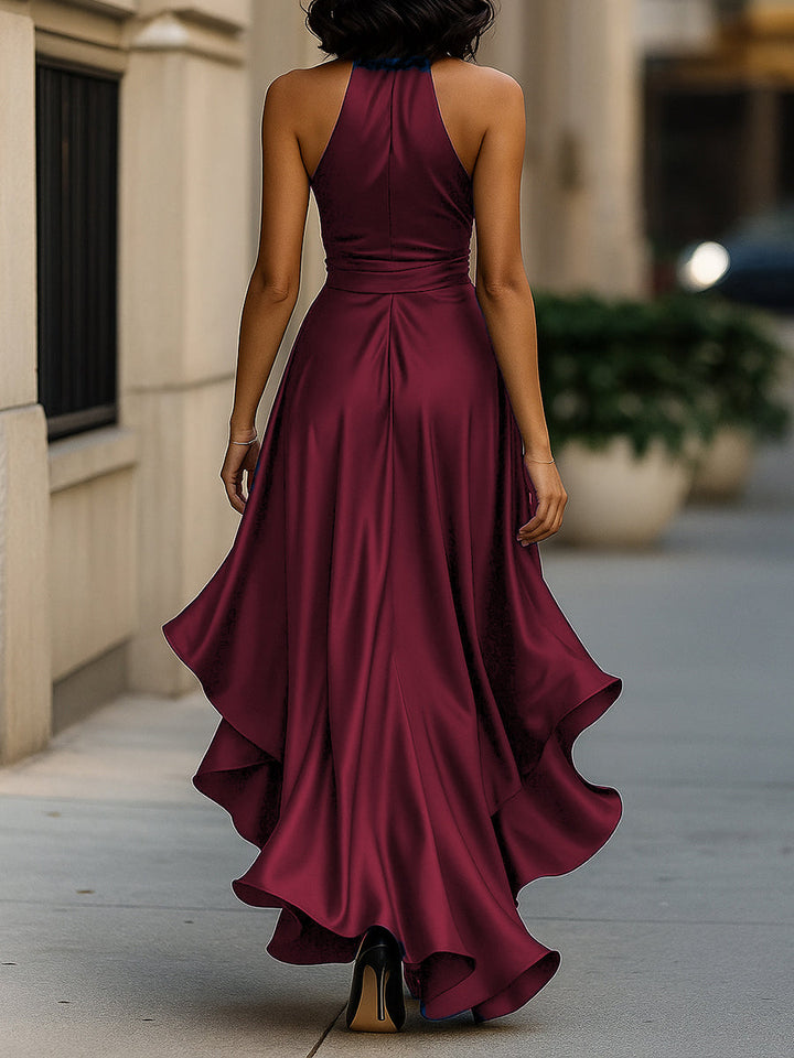 Ruffle Belted Slit Wedding Guest Dress with Halter Neckline