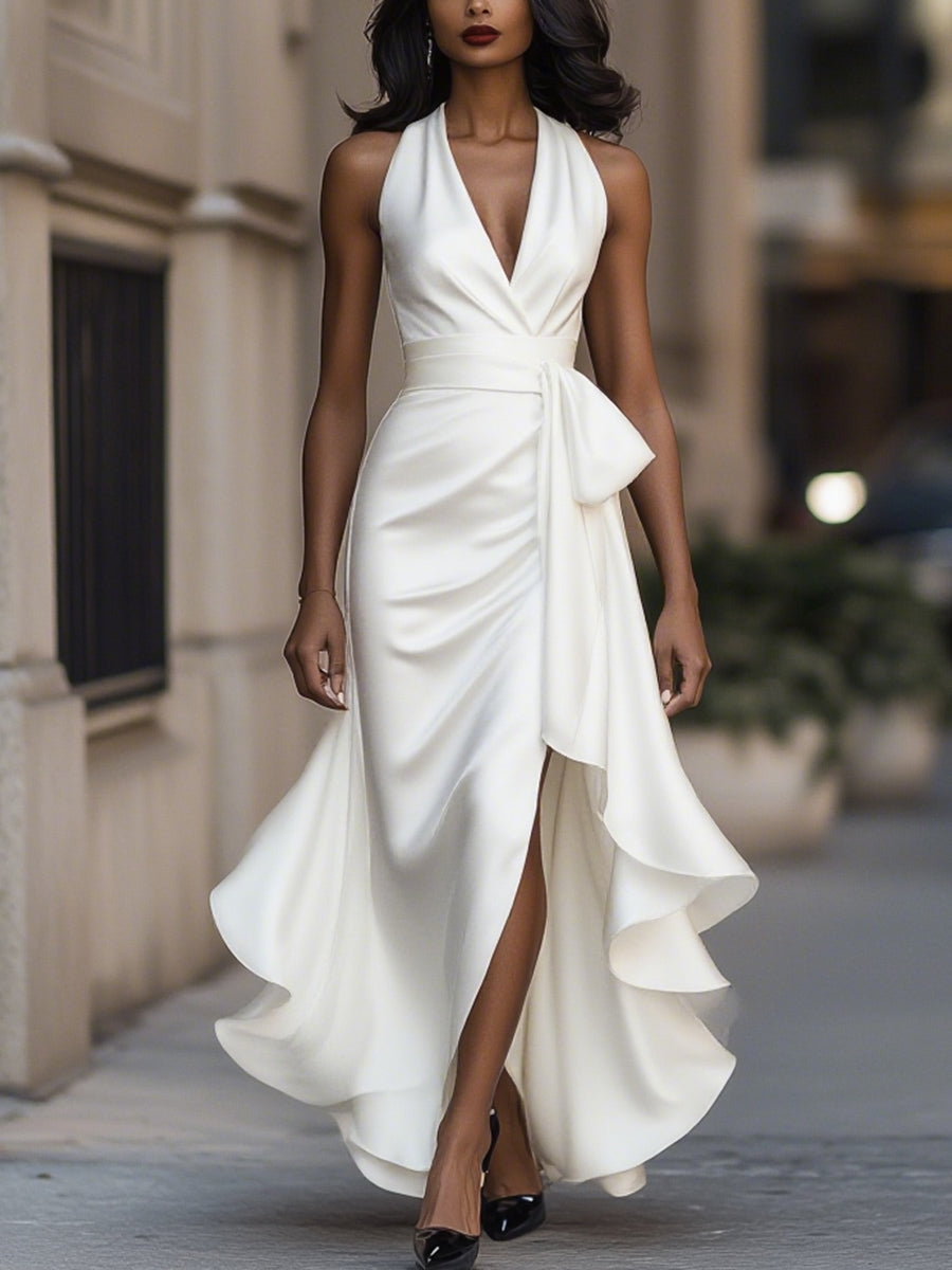 Ruffle Belted Slit Wedding Guest Dress with Halter Neckline
