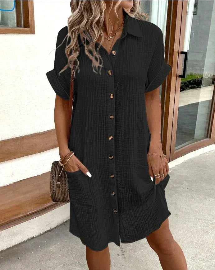 Shirt Button-Front Knee-Length Dress with High Neckline