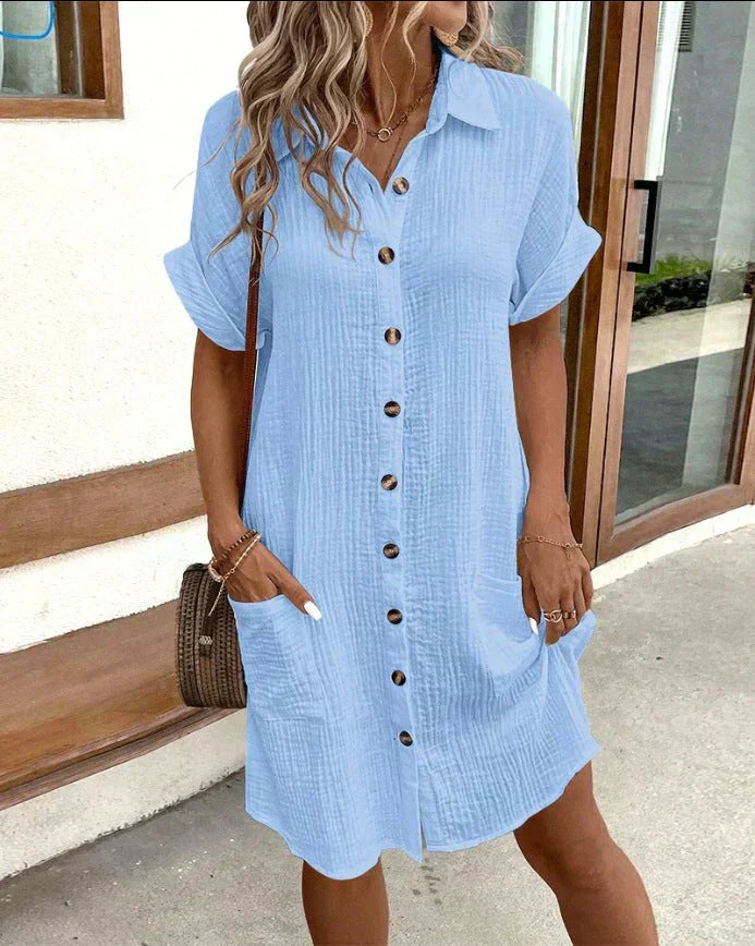 Shirt Button-Front Knee-Length Dress with High Neckline