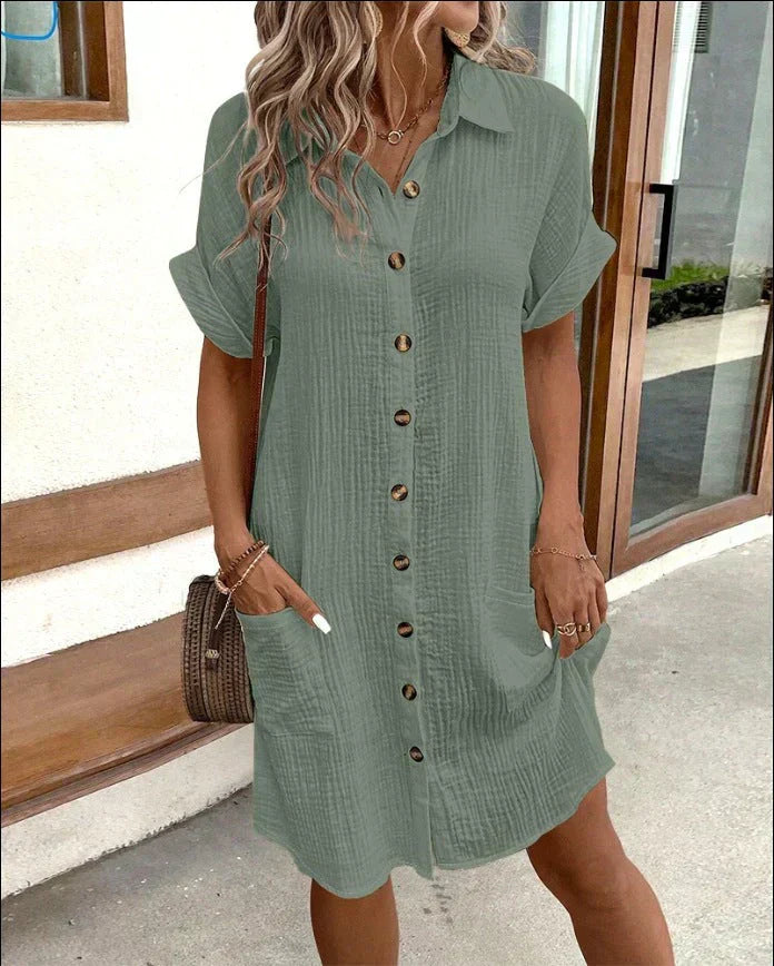 Shirt Button-Front Knee-Length Dress with High Neckline
