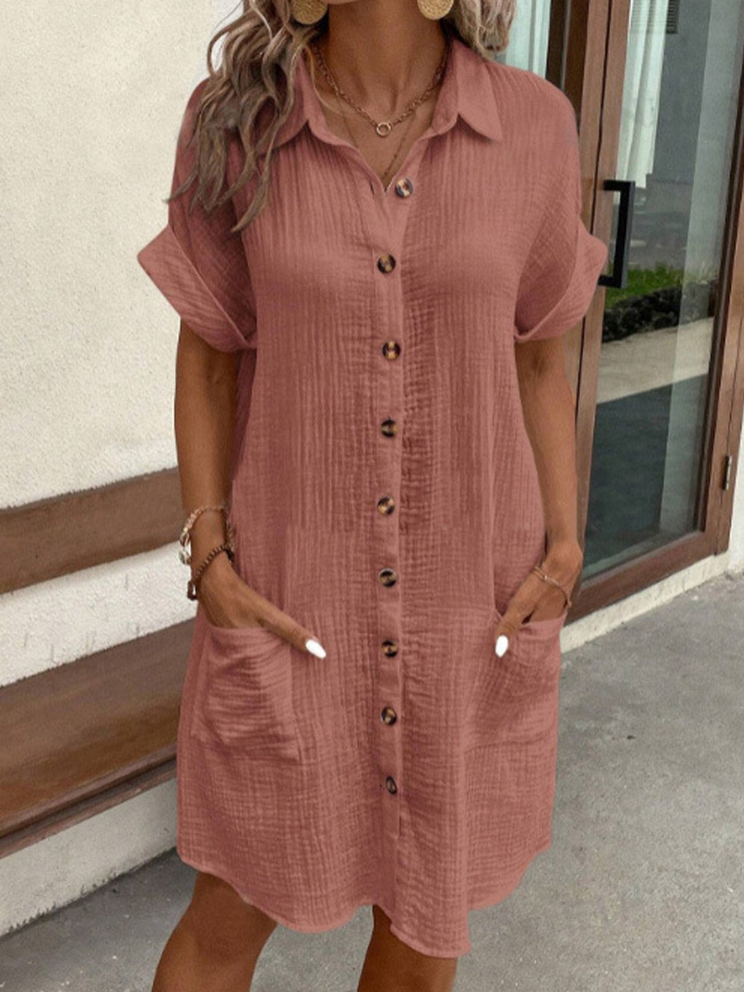 Shirt Button-Front Knee-Length Dress with High Neckline