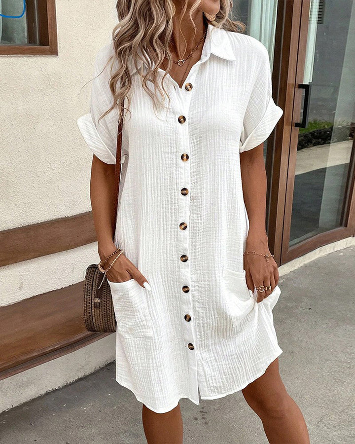Shirt Button-Front Knee-Length Dress with High Neckline