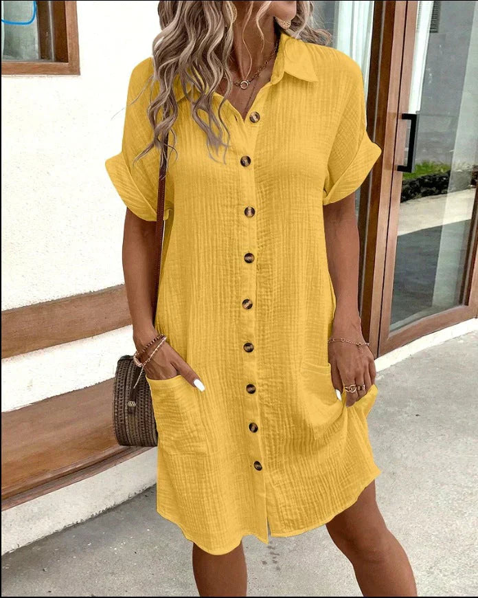 Shirt Button-Front Knee-Length Dress with High Neckline