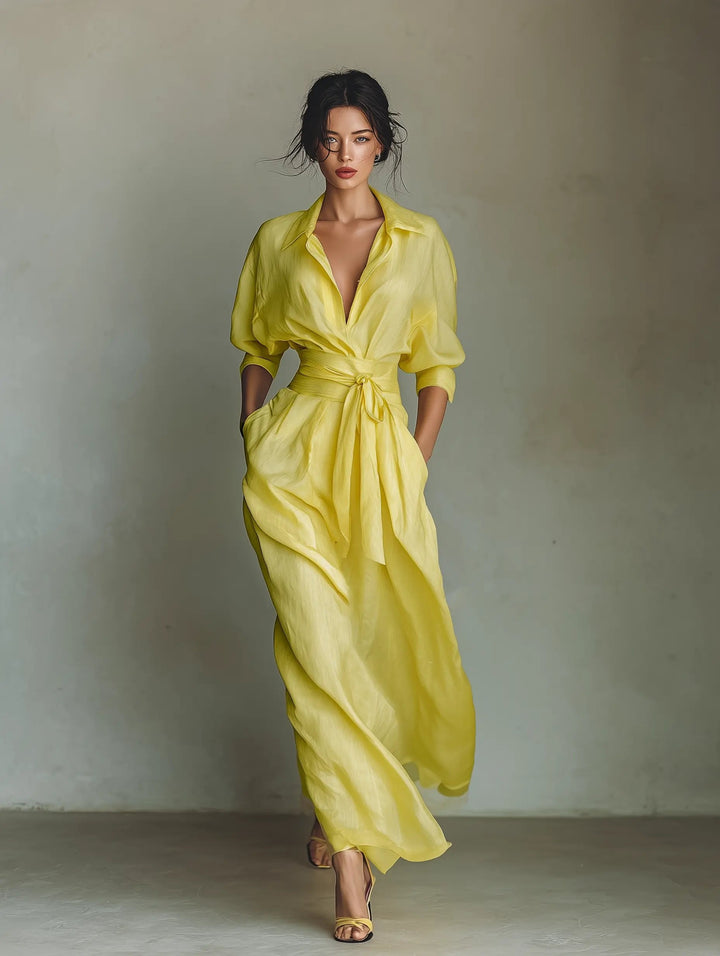 Shirt Button-Front Belted Maxi Dress with V-Neck and Three-Quarter Sleeves