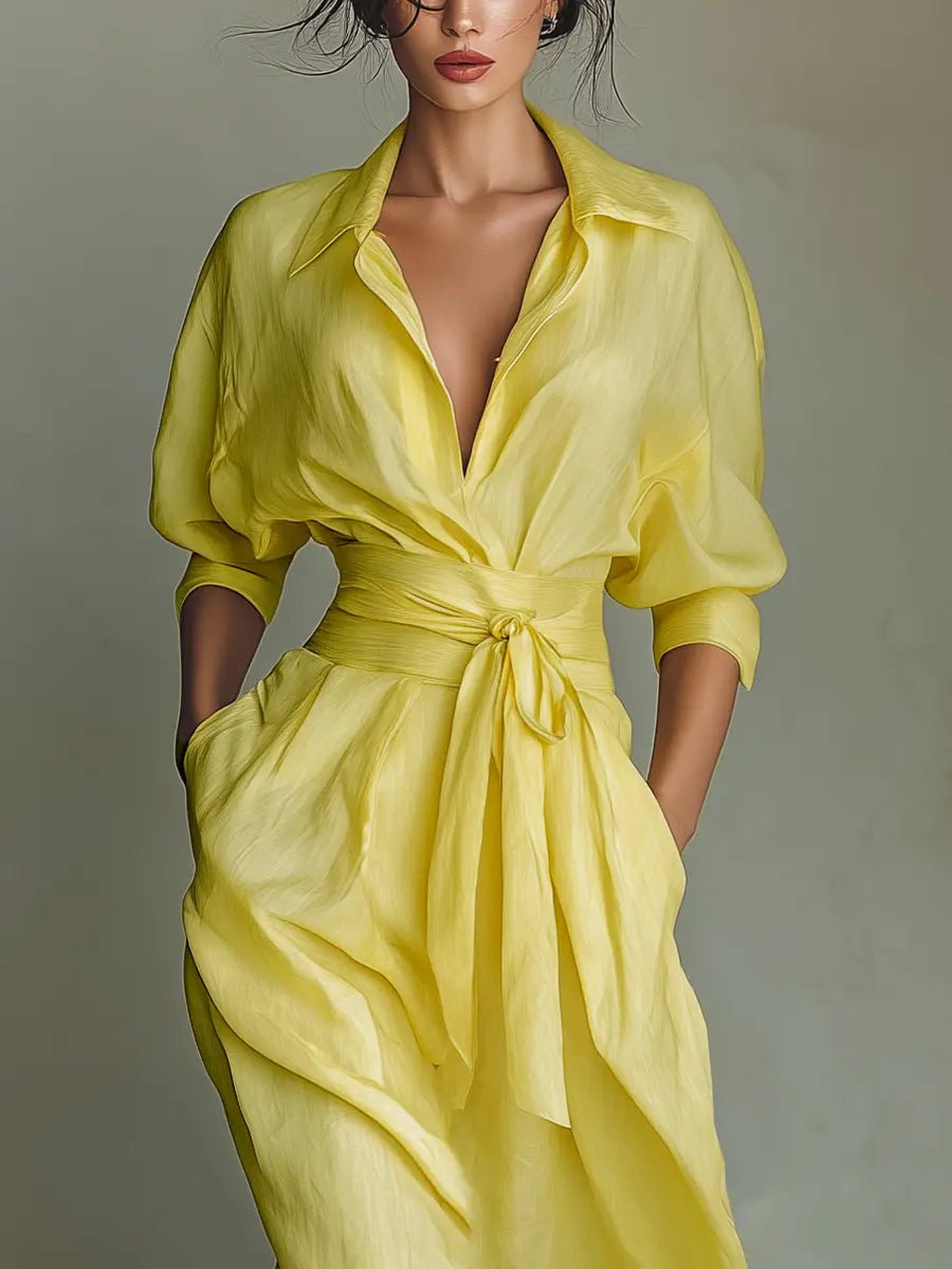 Shirt Button-Front Belted Maxi Dress with V-Neck and Three-Quarter Sleeves