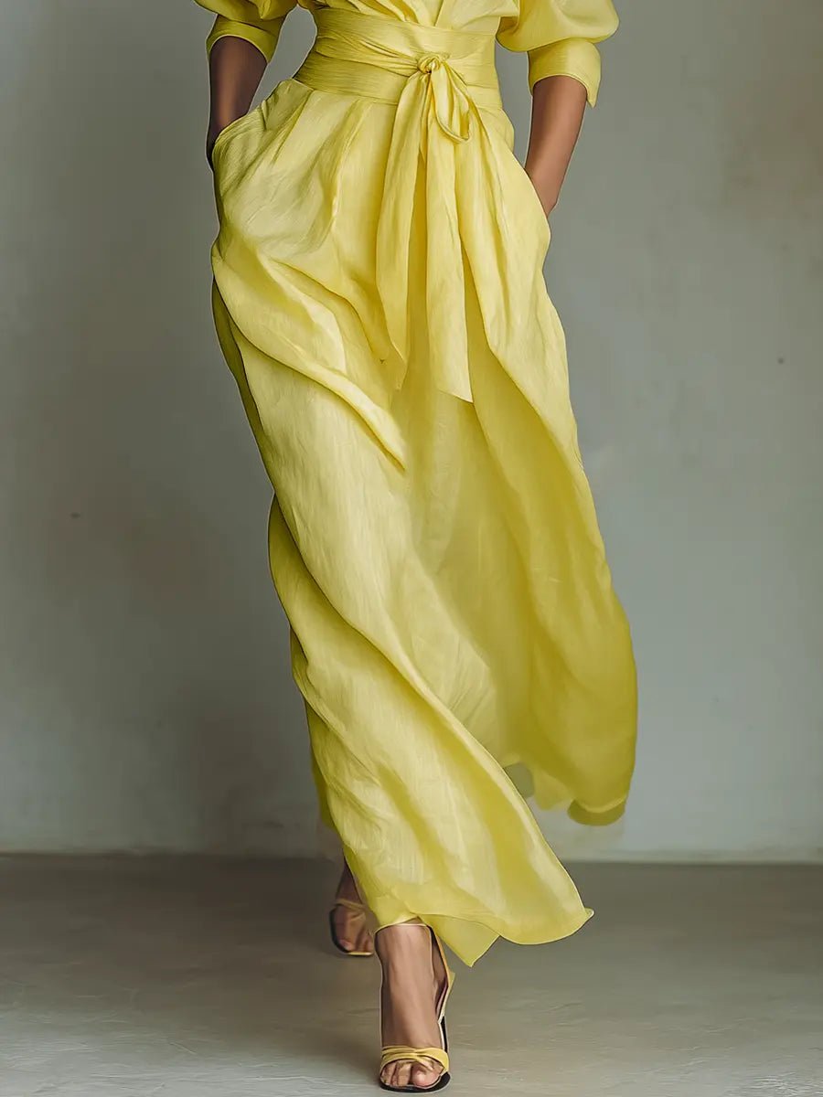 Shirt Button-Front Belted Maxi Dress with V-Neck and Three-Quarter Sleeves