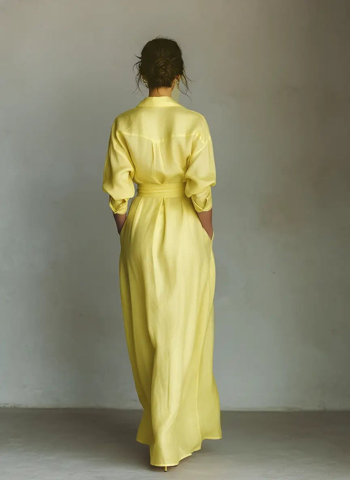 Shirt Button-Front Belted Maxi Dress with V-Neck and Three-Quarter Sleeves