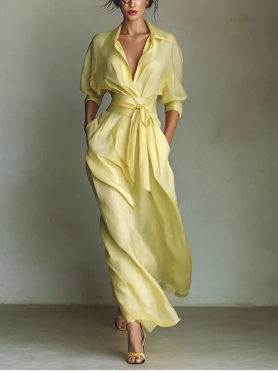 Shirt Button-Front Belted Maxi Dress with V-Neck and Three-Quarter Sleeves