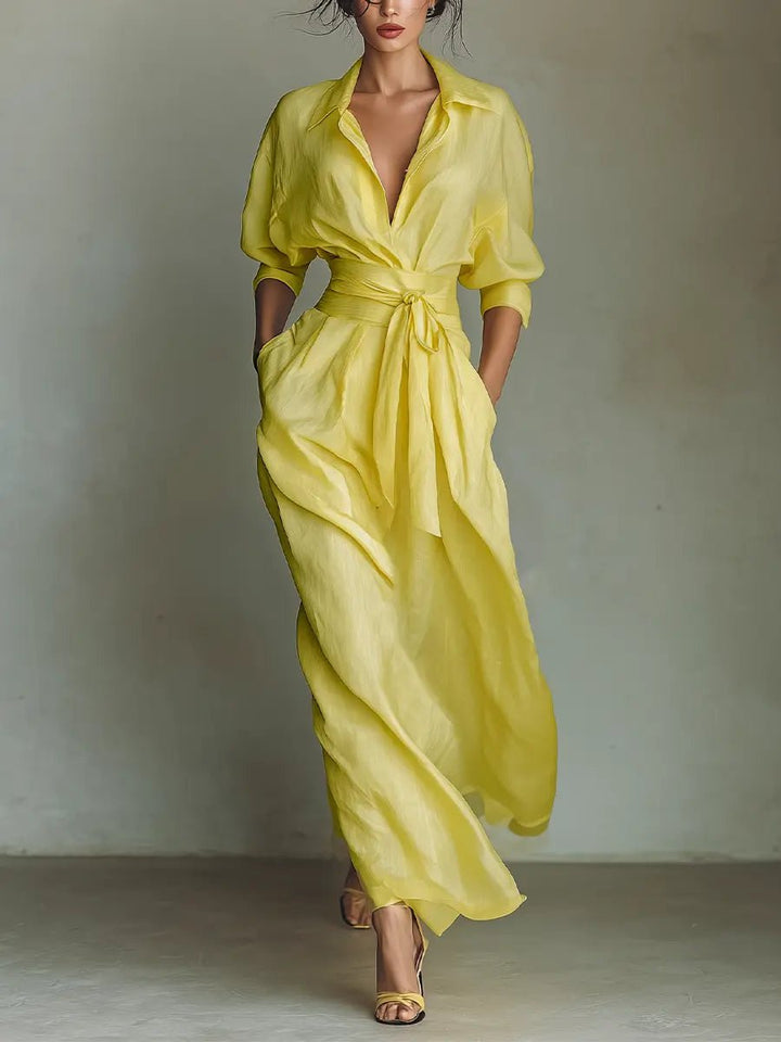 Shirt Button-Front Belted Maxi Dress with V-Neck and Three-Quarter Sleeves
