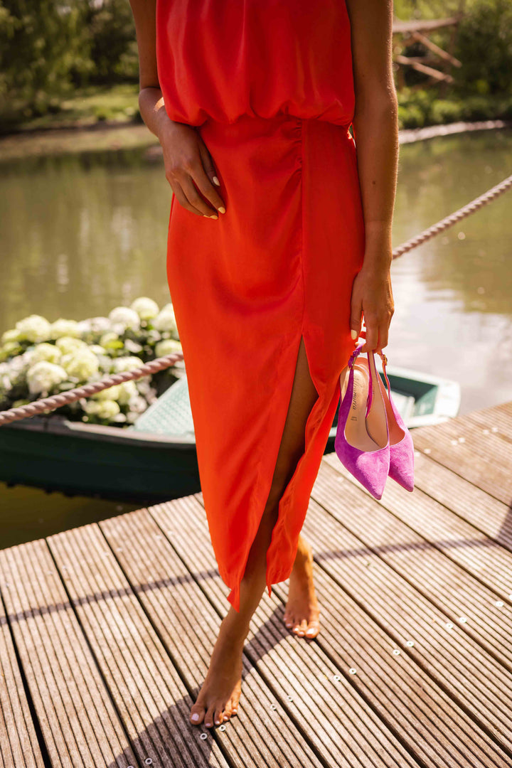 Slit Maxi Wedding Guest Dress with Off-Shoulder
