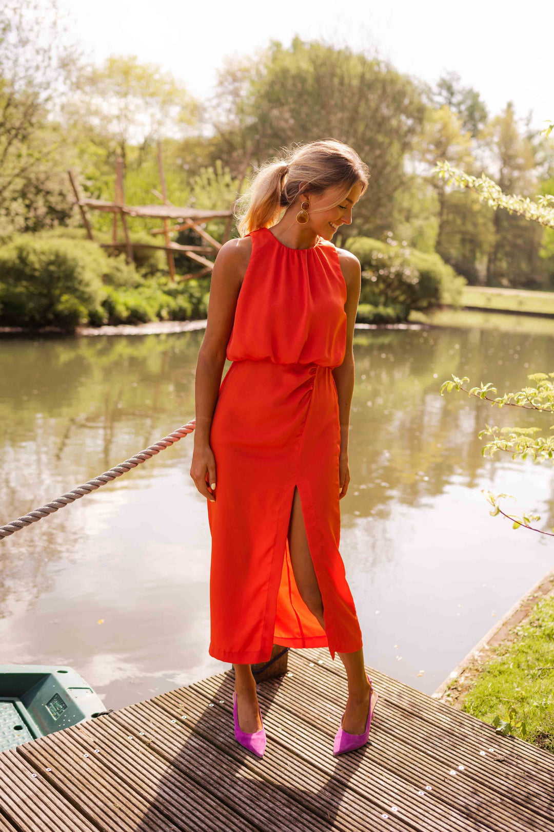 Slit Maxi Wedding Guest Dress with Off-Shoulder