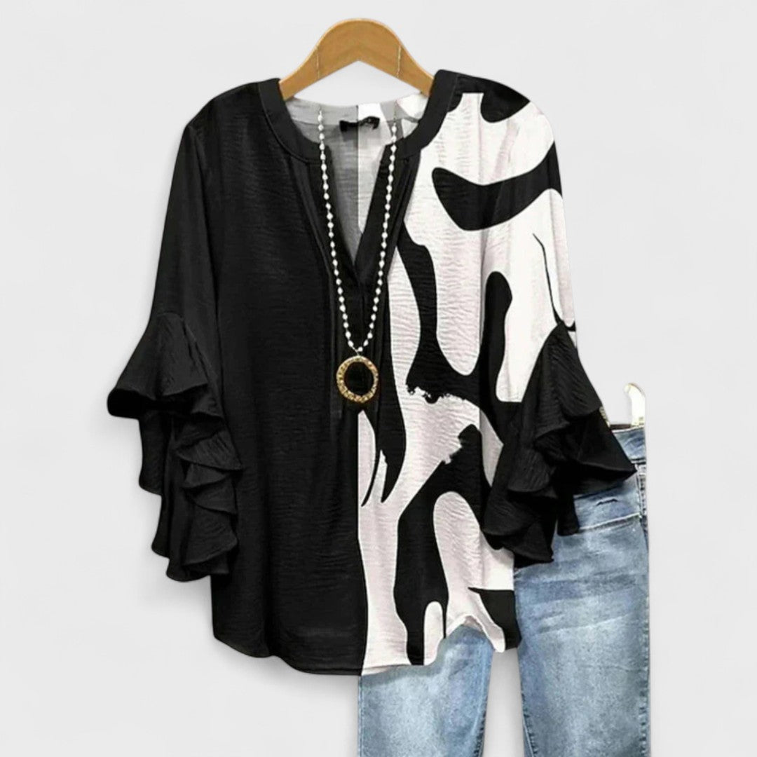 Striped Ruffle Slit Blouse with V-Neck