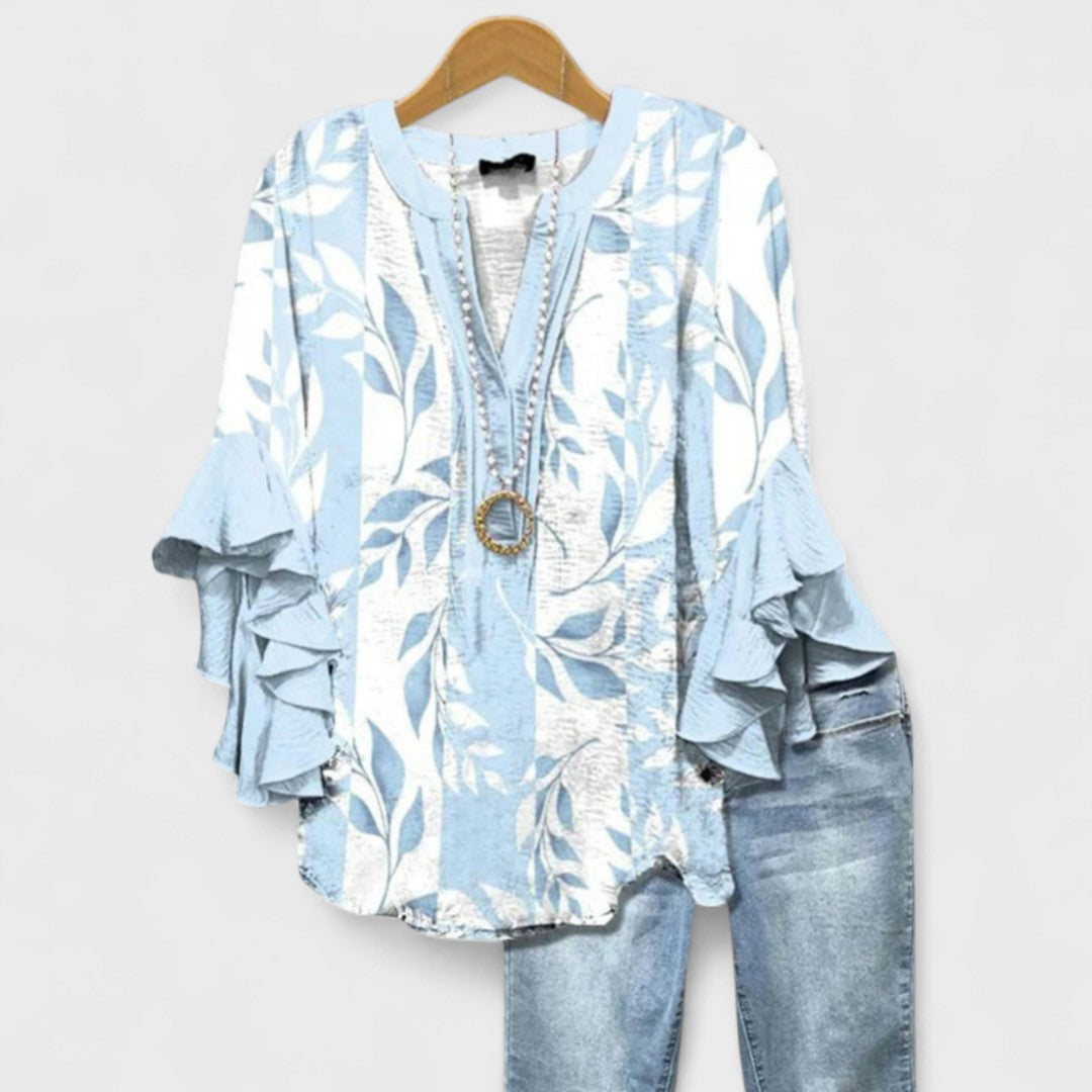 Striped Ruffle Slit Blouse with V-Neck