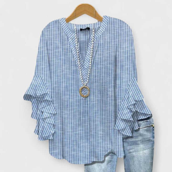 Striped Ruffle Slit Blouse with V-Neck