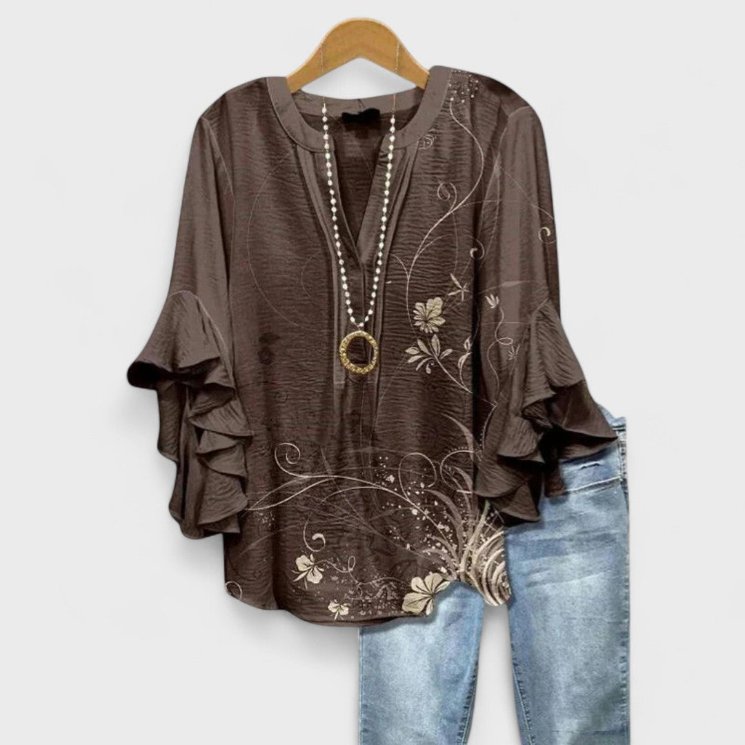 Striped Ruffle Slit Blouse with V-Neck
