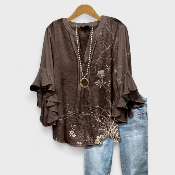 Striped Ruffle Slit Blouse with V-Neck