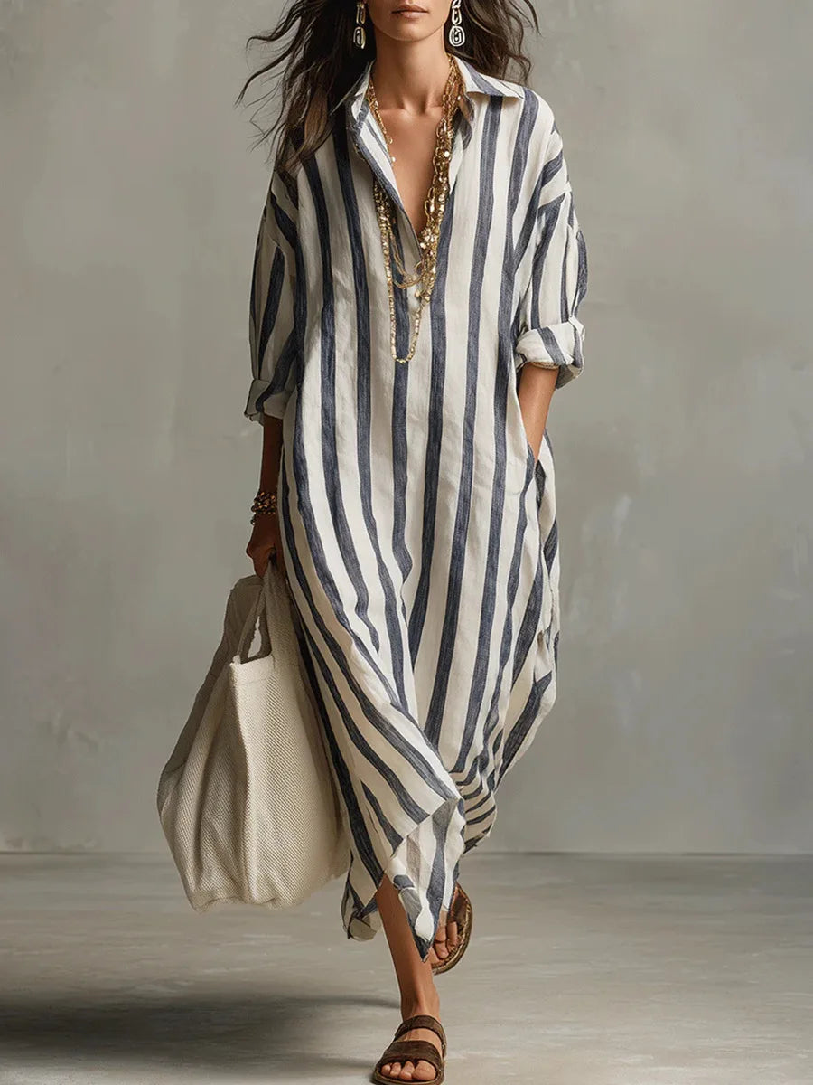 Striped Shirt Dress with V-Neck and Three-Quarter Sleeves