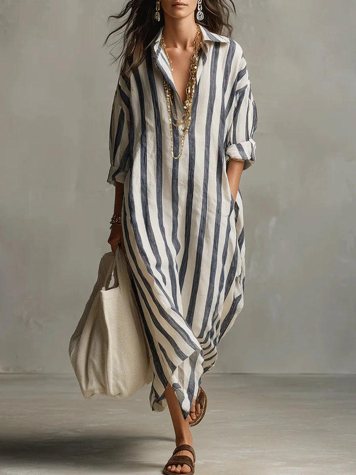 Striped Shirt Dress with V-Neck and Three-Quarter Sleeves