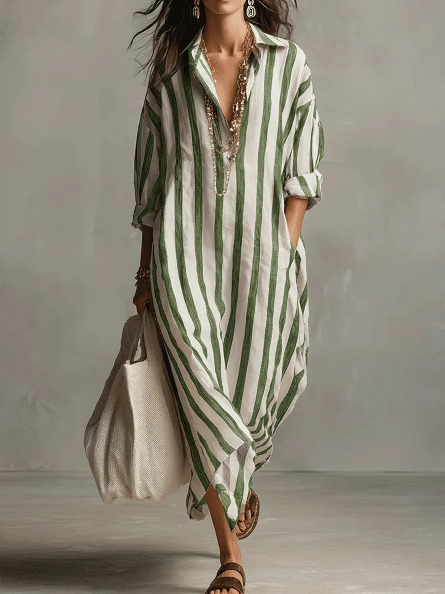 Striped Shirt Dress with V-Neck and Three-Quarter Sleeves
