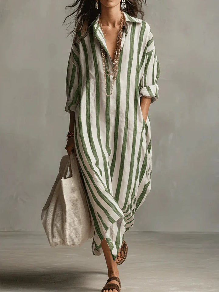 Striped Shirt Dress with V-Neck and Three-Quarter Sleeves