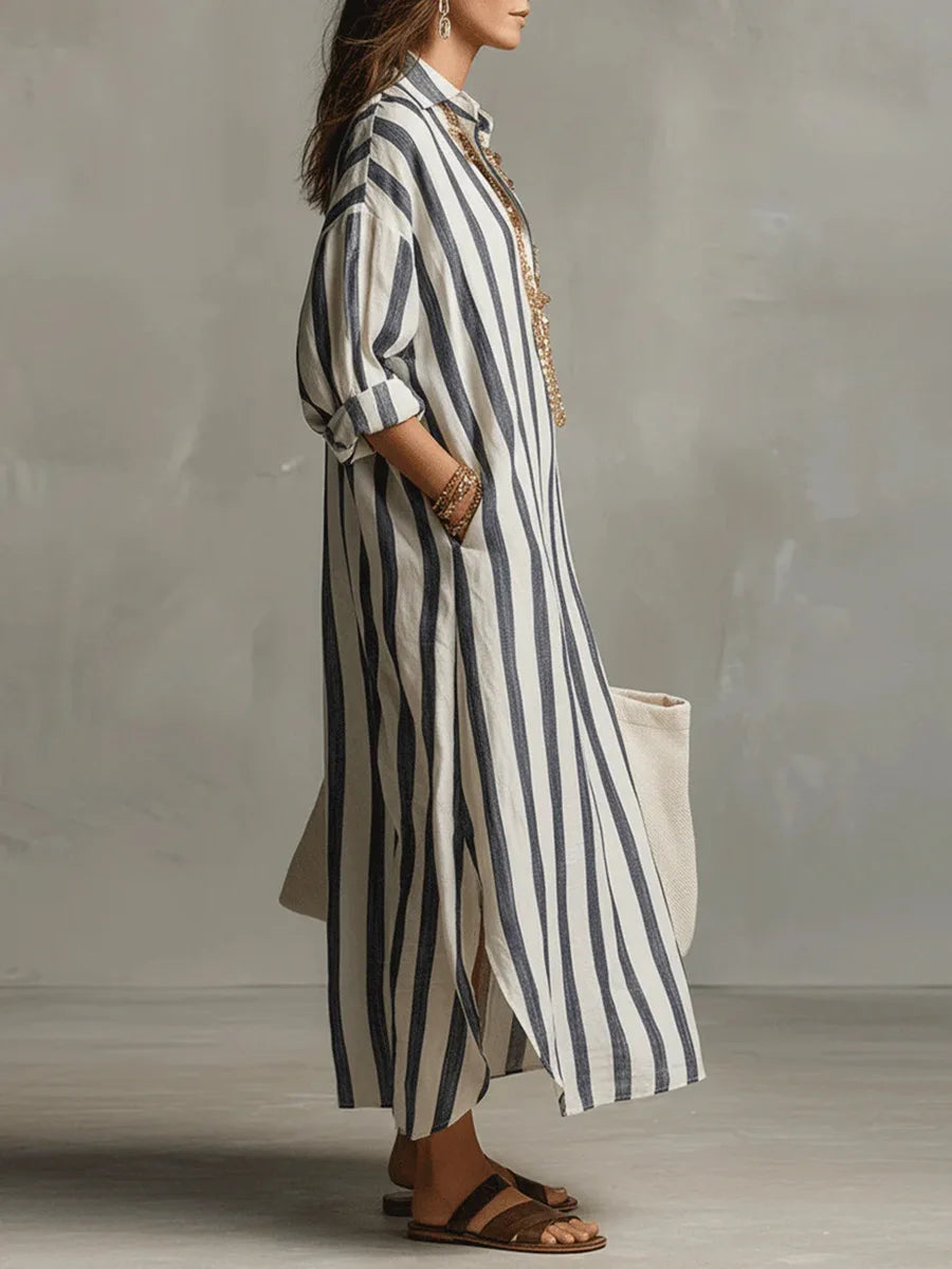 Striped Shirt Dress with V-Neck and Three-Quarter Sleeves