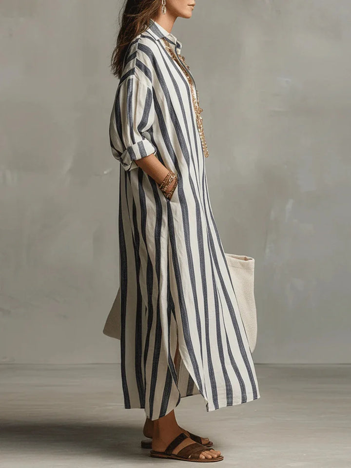 Striped Shirt Dress with V-Neck and Three-Quarter Sleeves
