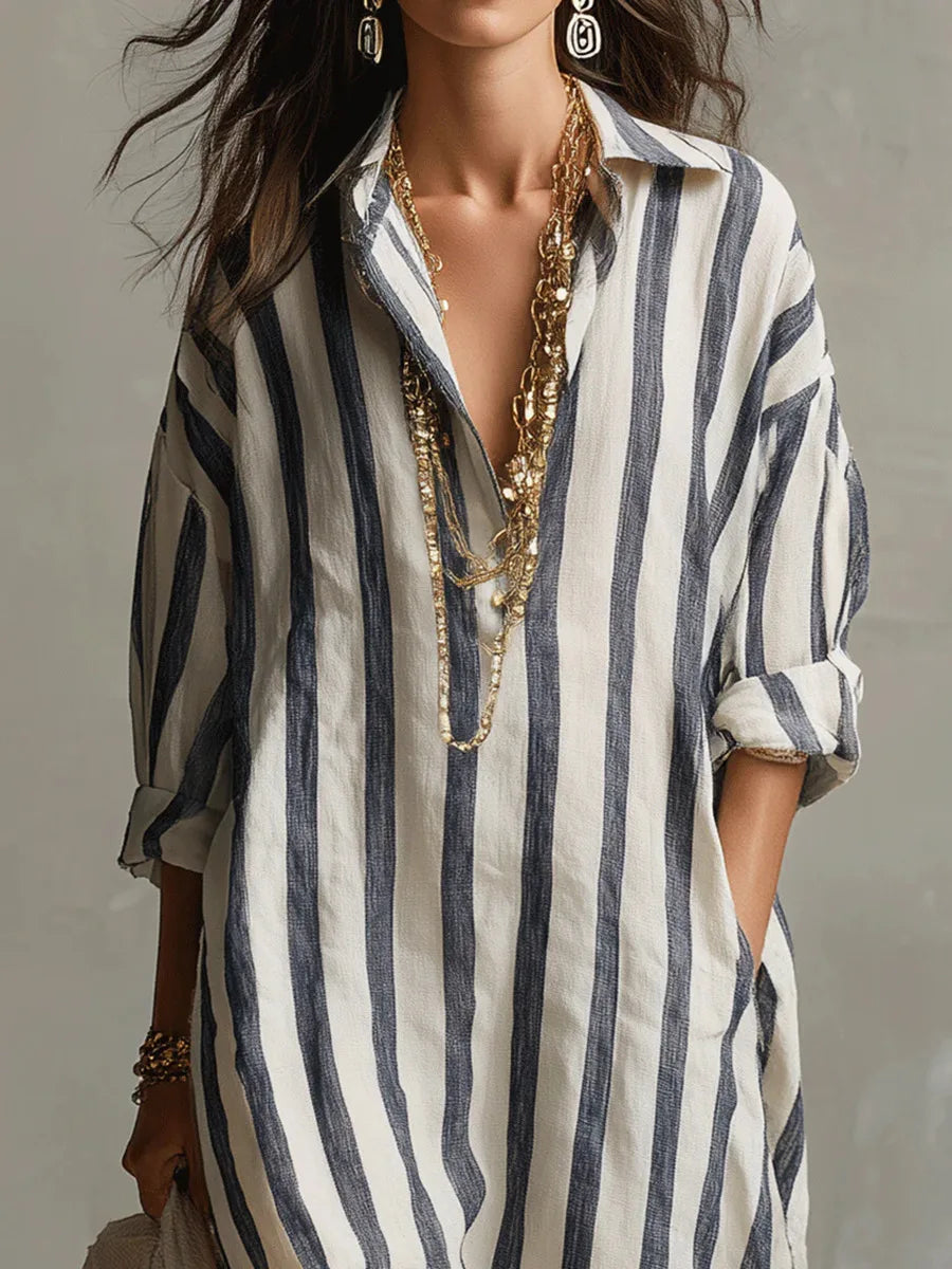 Striped Shirt Dress with V-Neck and Three-Quarter Sleeves